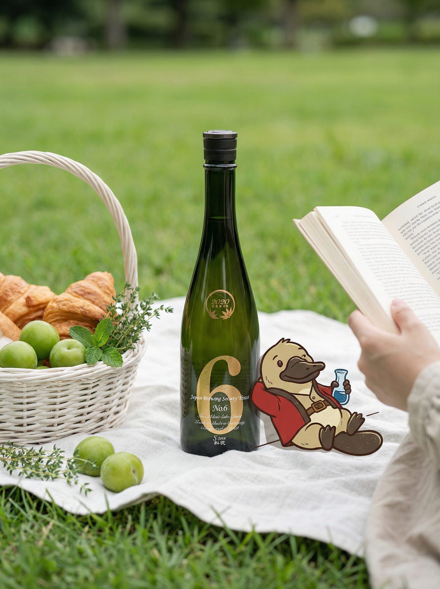 Bottle of 6-liter drink with a cartoon character on a picnic blanket outdoors.Aramasa_No.6_S-type-Japanese-Sake