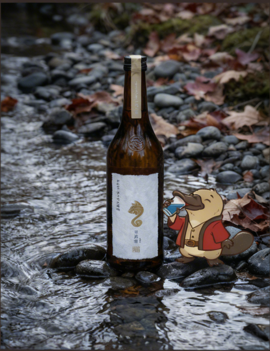 Japanese Sake bottle with a label on a rocky surface with autumn leaves