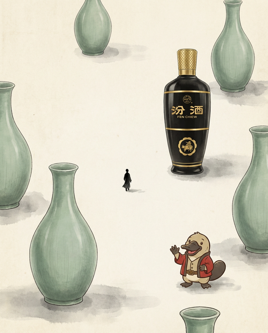 Bottle of Fenjiu with a cartoon duck character among green vases on a light background