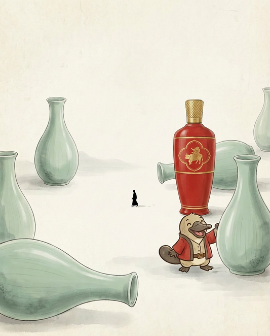 Illustration of a duck-like character in a red robe standing on a red bottle among green vases.