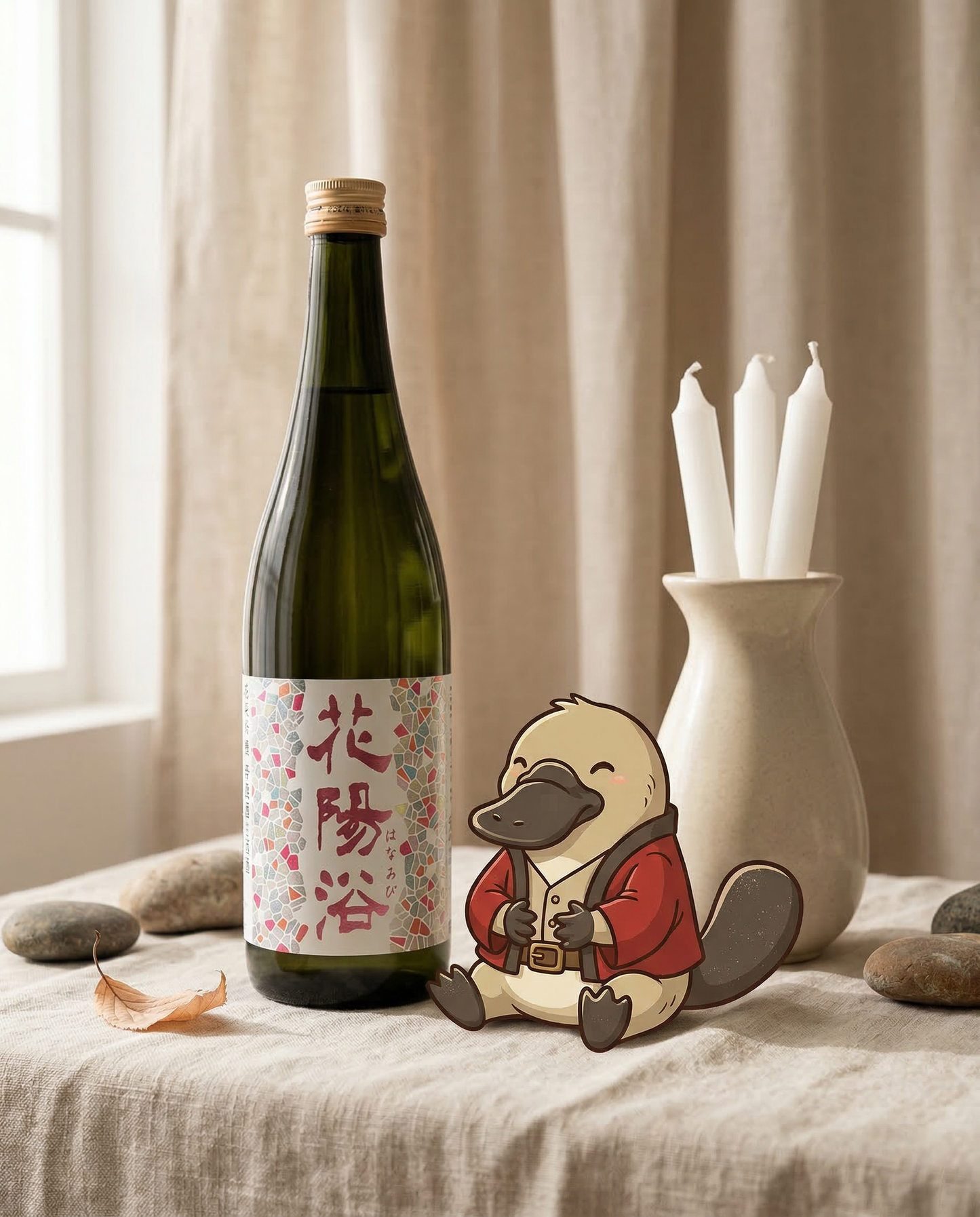 Label detail of Hanaabi THE PREMIUM sake showing the gold calligraphy, luxury raw Japanese sake Australia.