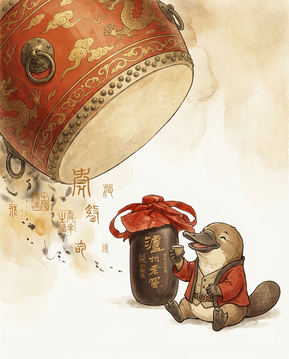 Illustration of a beaver in a red coat holding a jar with a large decorative drum in the background.