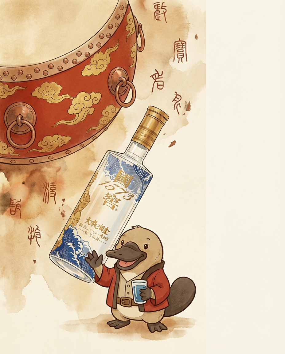 Illustration of a beaver holding a bottle with traditional Chinese design elements on a textured background.