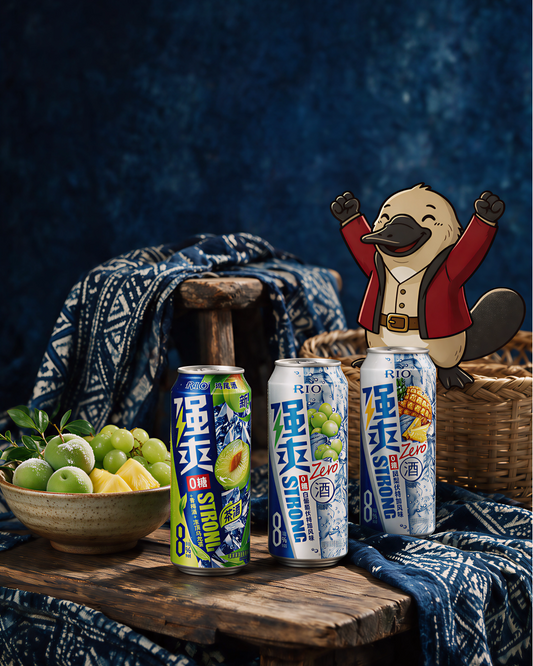 RIO Strong Zero Sugar RTD cocktails with Love My Booze mascot Loboz the platypus for fast online alcohol delivery in Australia