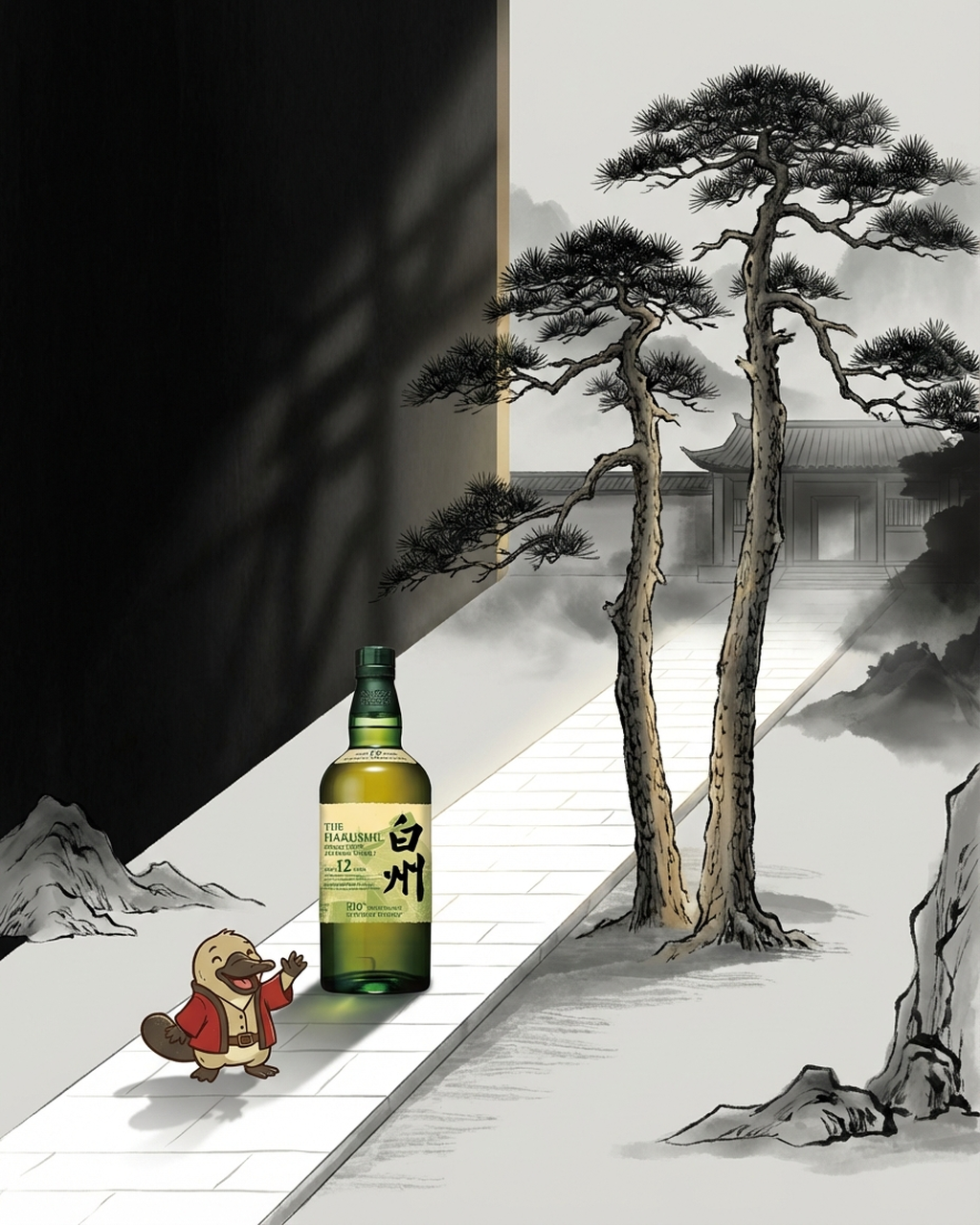 Traditional Chinese-style bottle and packaging with a cartoon duck character against a scenic background.