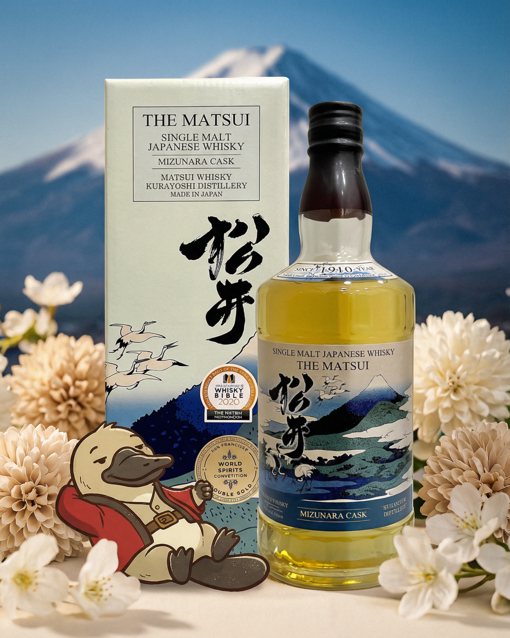 Bottle and box of The Matsui Single Malt Japanese Whisky with Mount Fuji in the background