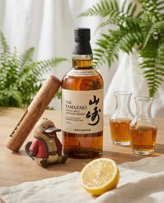 Bottle of Yamazaki whisky on a wooden table with glasses and a lemon, surrounded by plants.