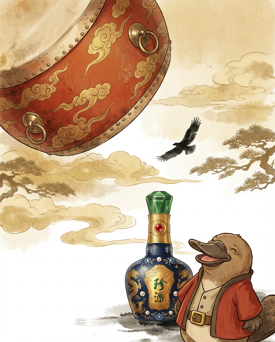 Decorative bottle with traditional design, large round object, and bird in a scenic background