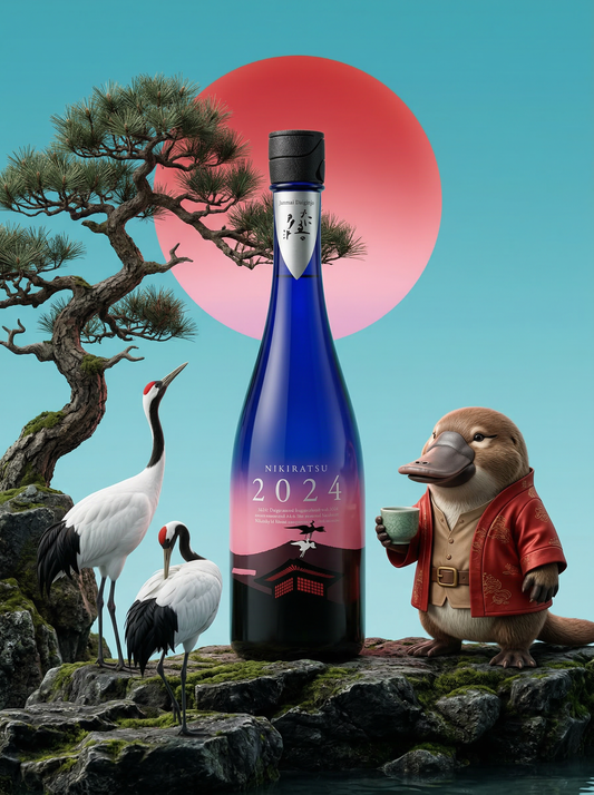 Enchanting conceptual photography featuring Loboz the platypus and two red-crowned cranes with a bottle of Nikitatsu 2024, blending dreamy Japanese symbolism with Love My Booze brand identity