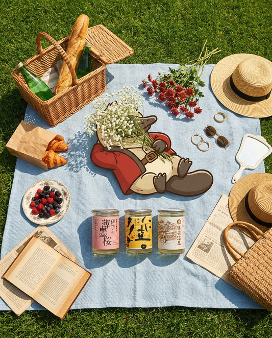 Lifestyle photography of Loboz the platypus enjoying an outdoor grass picnic with the NIKITATSU Dogo tasting set, showcasing the portable and social appeal of 180ml sake bottles for Love My Booze.