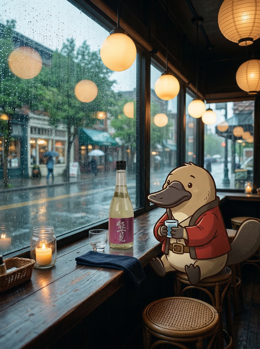 Loboz the platypus celebrating the first press of spring with a bottle of Nogomi Arabashiri, vibrant modern brand art for Love My Booze.