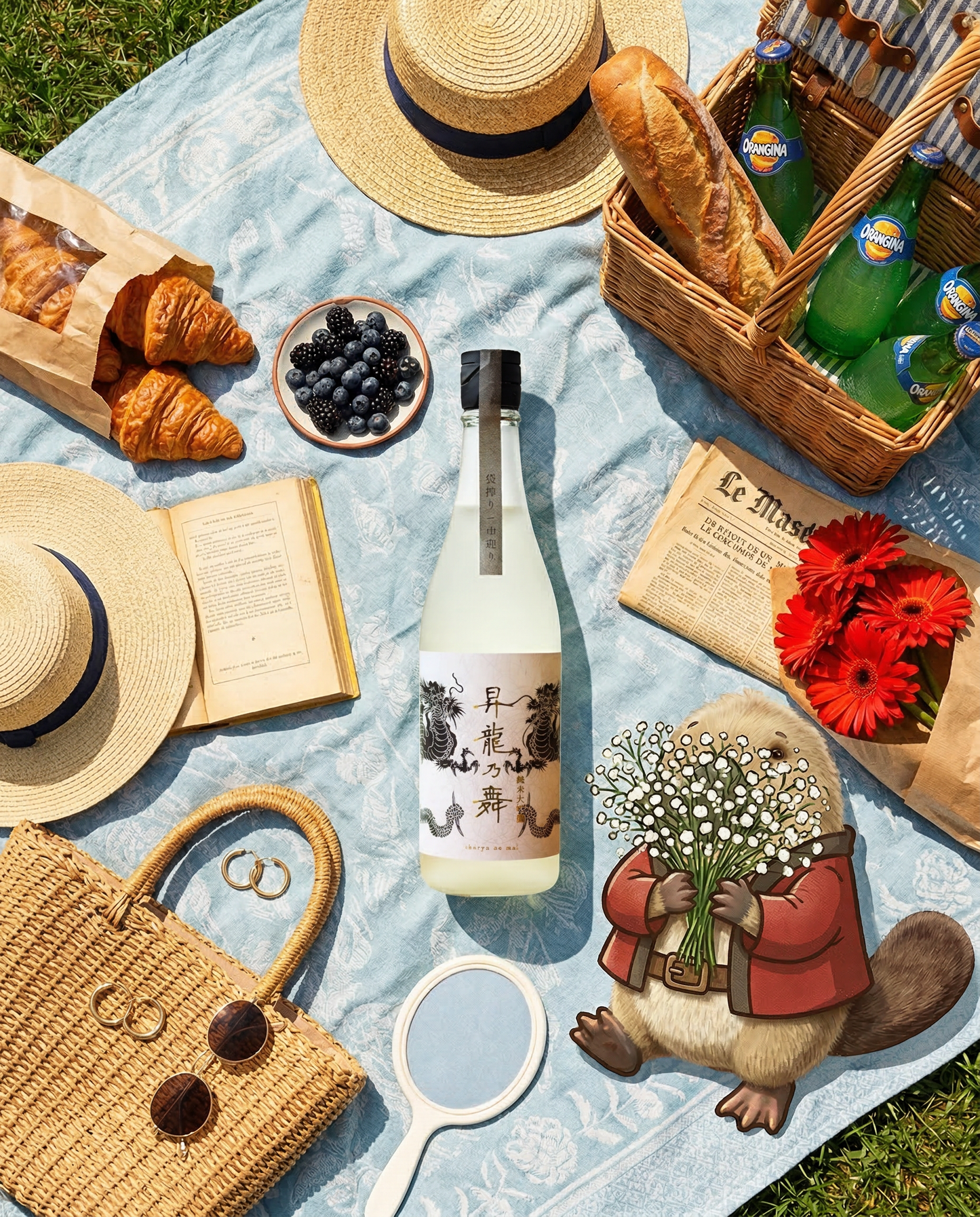 Loboz the platypus in a minimalist modern art gallery setting with Shoryu No Mai White Label, illustrating the contemporary luxury of the brand for Love My Booze.