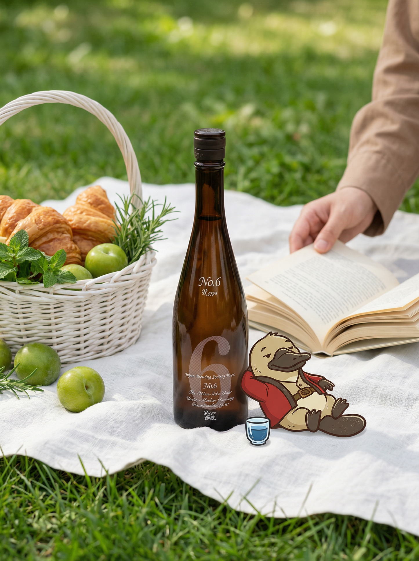 Brown bottle of Aramasa with a character on a picnic blanket with food and a book,Japanese Sake in Australia