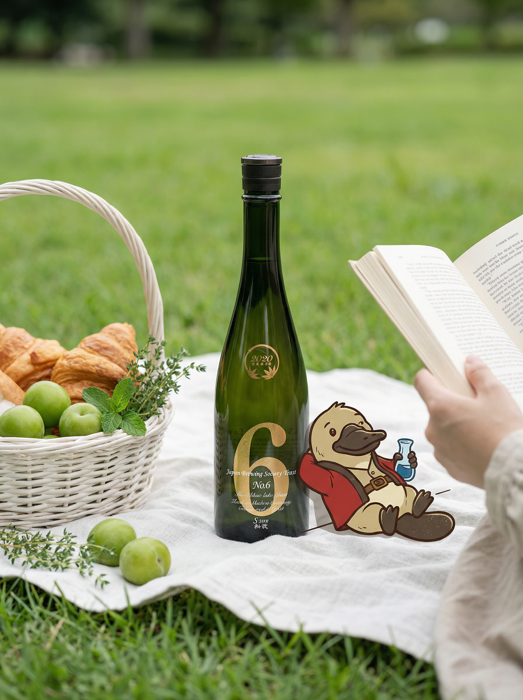 Bottle of 6-liter drink with a cartoon character on a picnic blanket outdoors.Aramasa_No.6_S-type-Japanese-Sake
