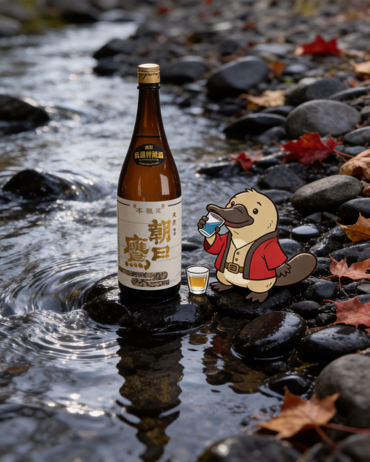 Bottle of Asahi beer with a cartoon beaver character by a stream, Sake Australia, Sake Delivery Melbourne