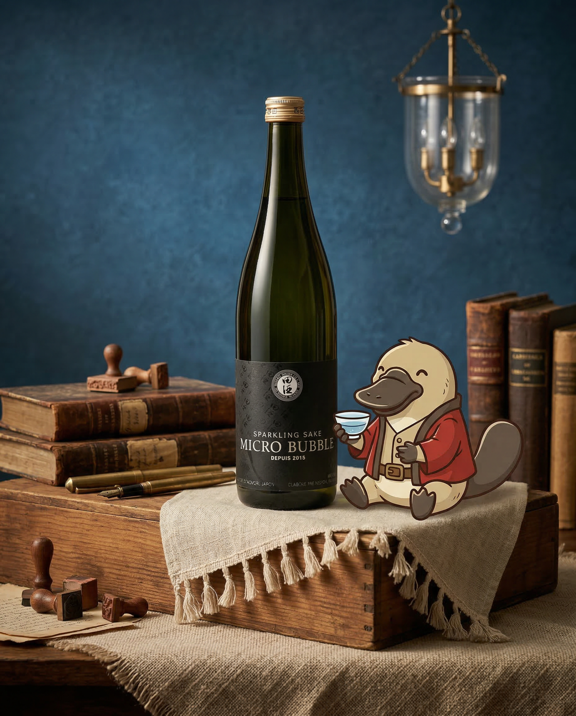 Close-up of the Denshu Micro Bubble label, elegant sparkling sake for luxury delivery in Sydney and Melbourne.