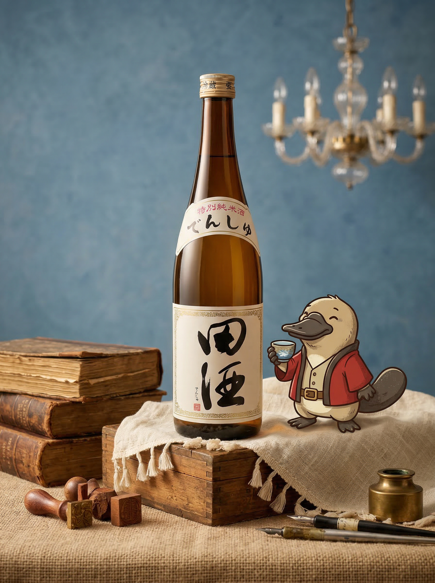 Close-up of the Denshu (田酒) logo, premium Tokubetsu Junmai from Nishida Shuzo Aomori, luxury sake delivery Melbourne and Sydney.