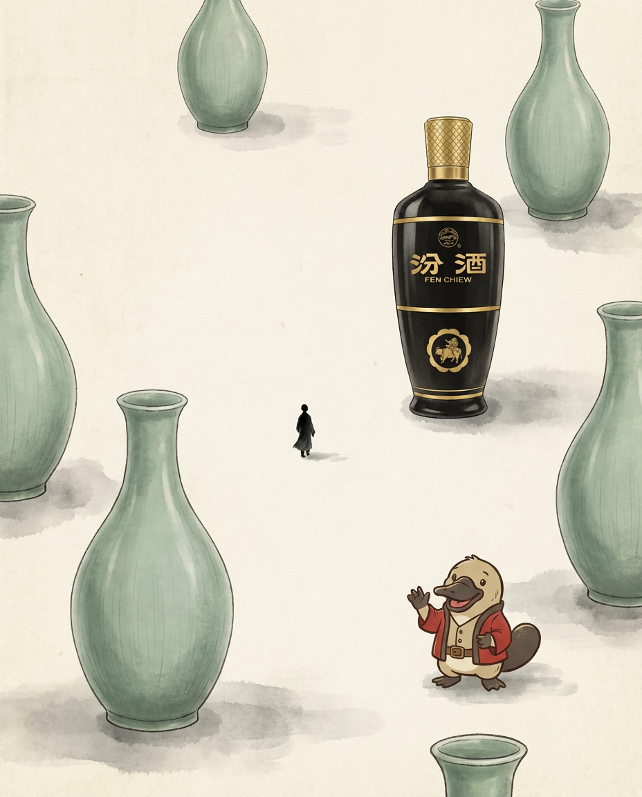 Bottle of Fenjiu with a cartoon duck character among green vases on a light background