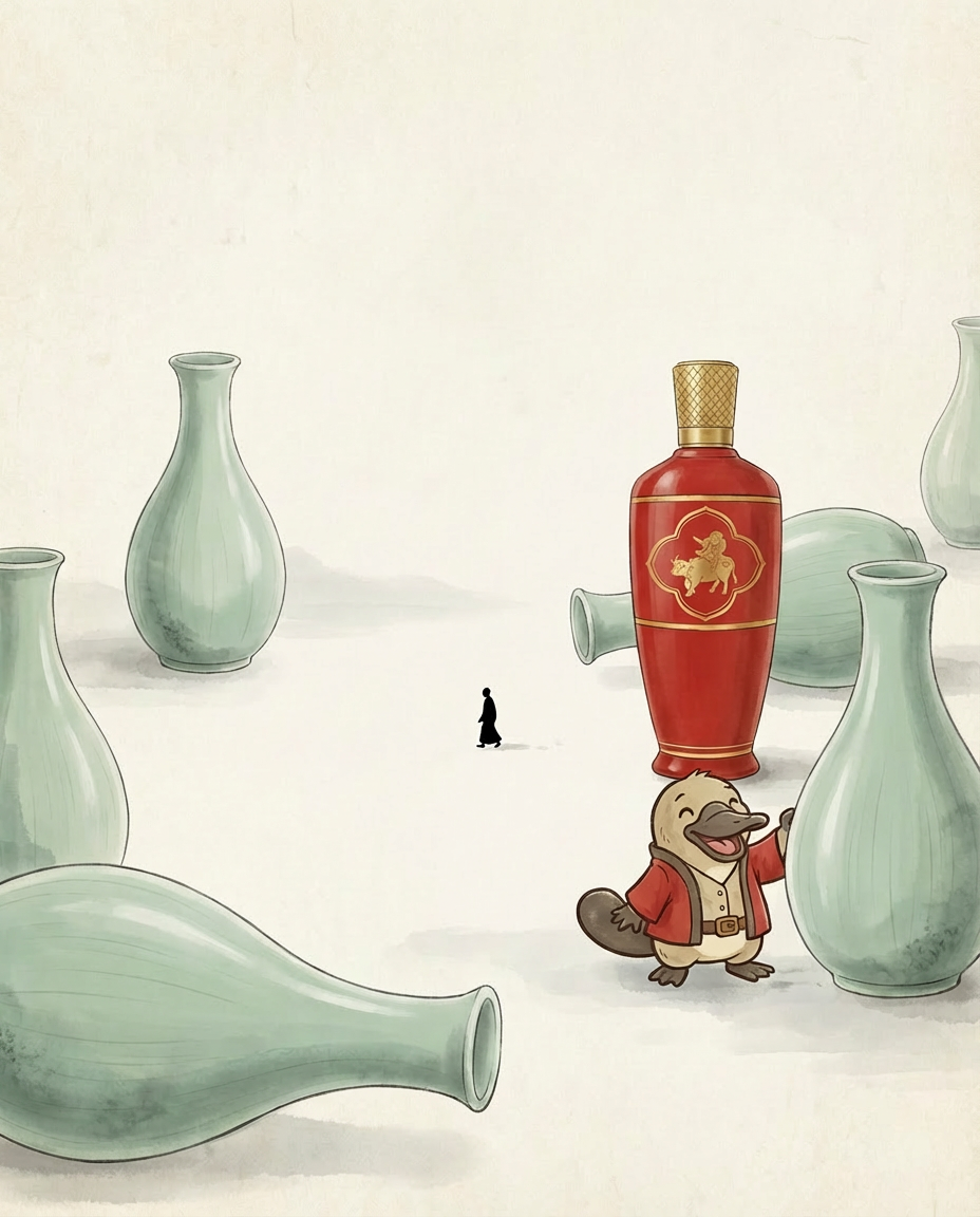 Illustration of a duck-like character in a red robe standing on a red bottle among green vases.