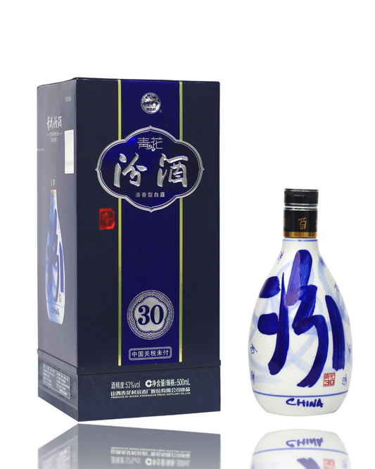 Bottle and packaging of a Chinese liquor with blue and white design on a white background