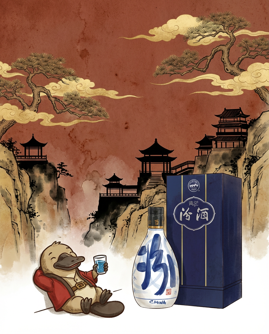 Illustration of a duck holding a glass of liquor with a bottle and box in front of a scenic background.