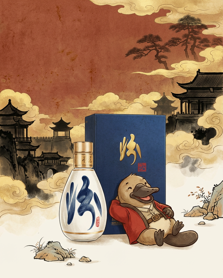 Traditional Chinese-style bottle and packaging with a cartoon duck character against a scenic background.
