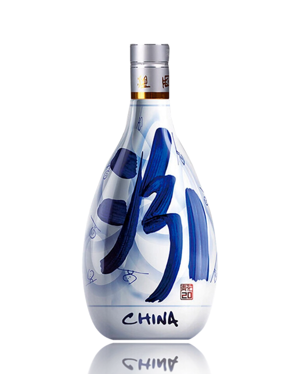 Bottle with blue and white design on a white background
