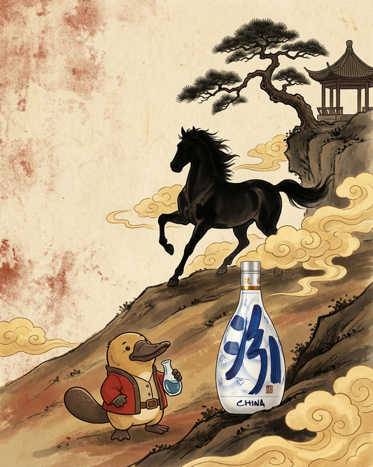 Illustration of a duck holding a bottle labeled 'China' with a horse and traditional Chinese elements in the background.