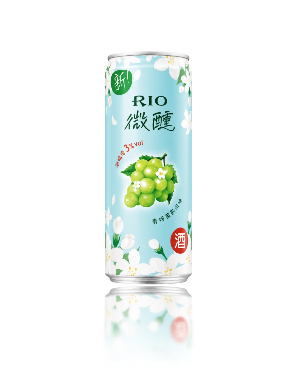 can of RIO Green Grape & Jasmine flavored cocktail featuring a fresh green design with illustrations of green grapes and jasmine flowers.