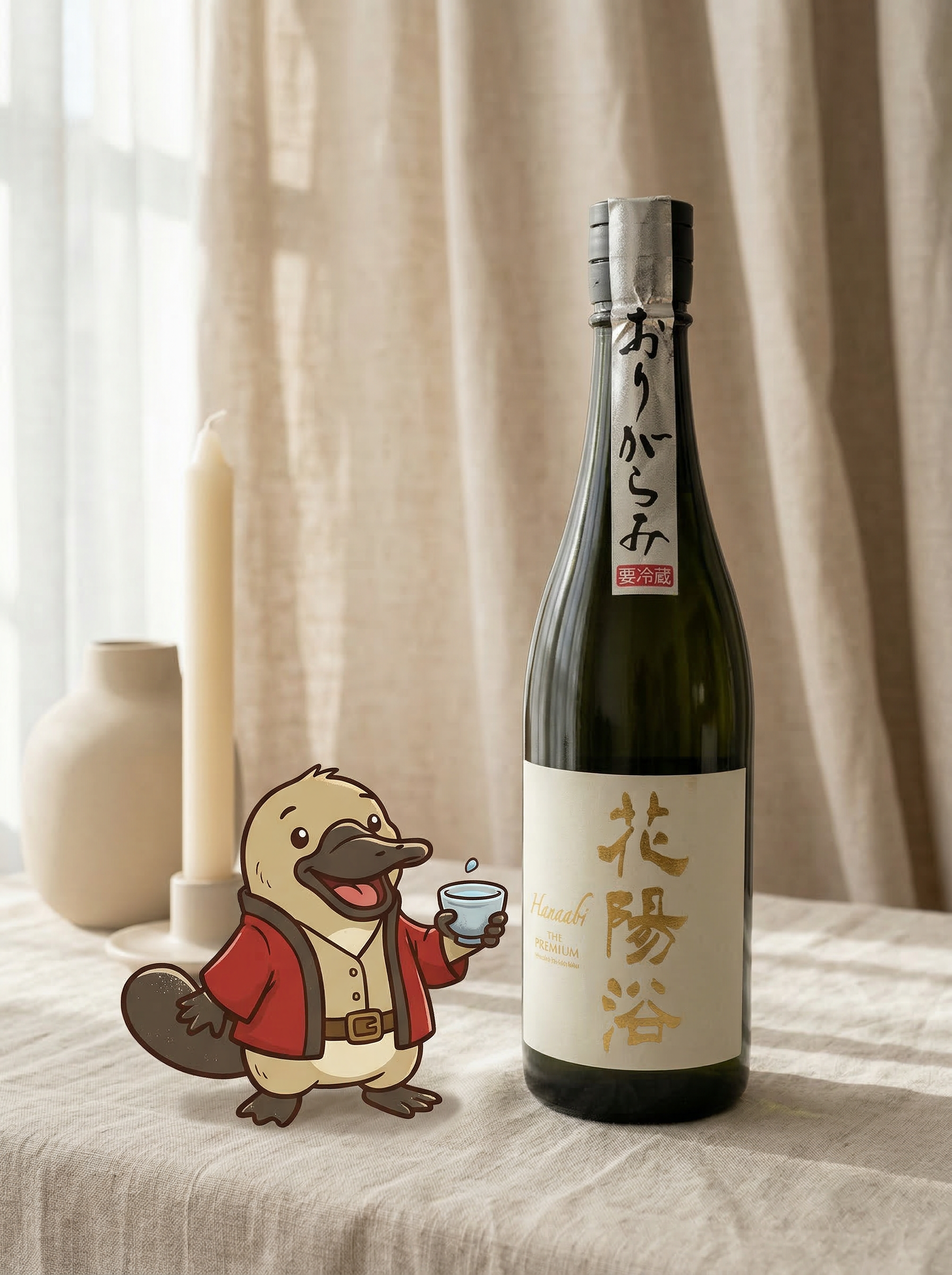 Hanaabi THE PREMIUM gold label, Muroka Nama Genshu text close-up, luxury sake delivery Gold Coast and Brisbane.