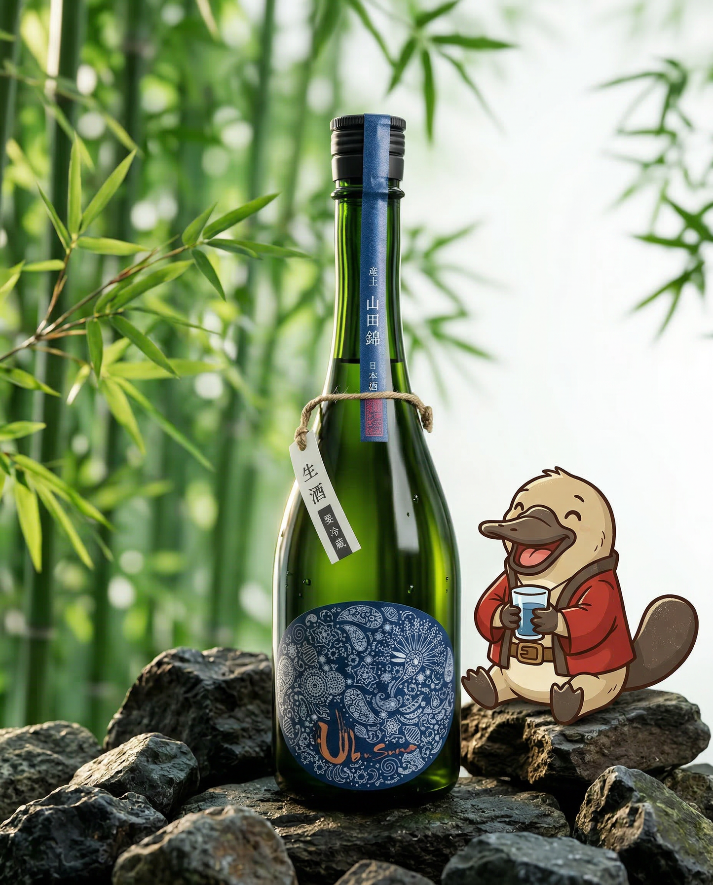 Label detail of Ubusuna Ninojo showing the artistic typography, premium boutique Japanese sake for delivery in Sydney and Melbourne.