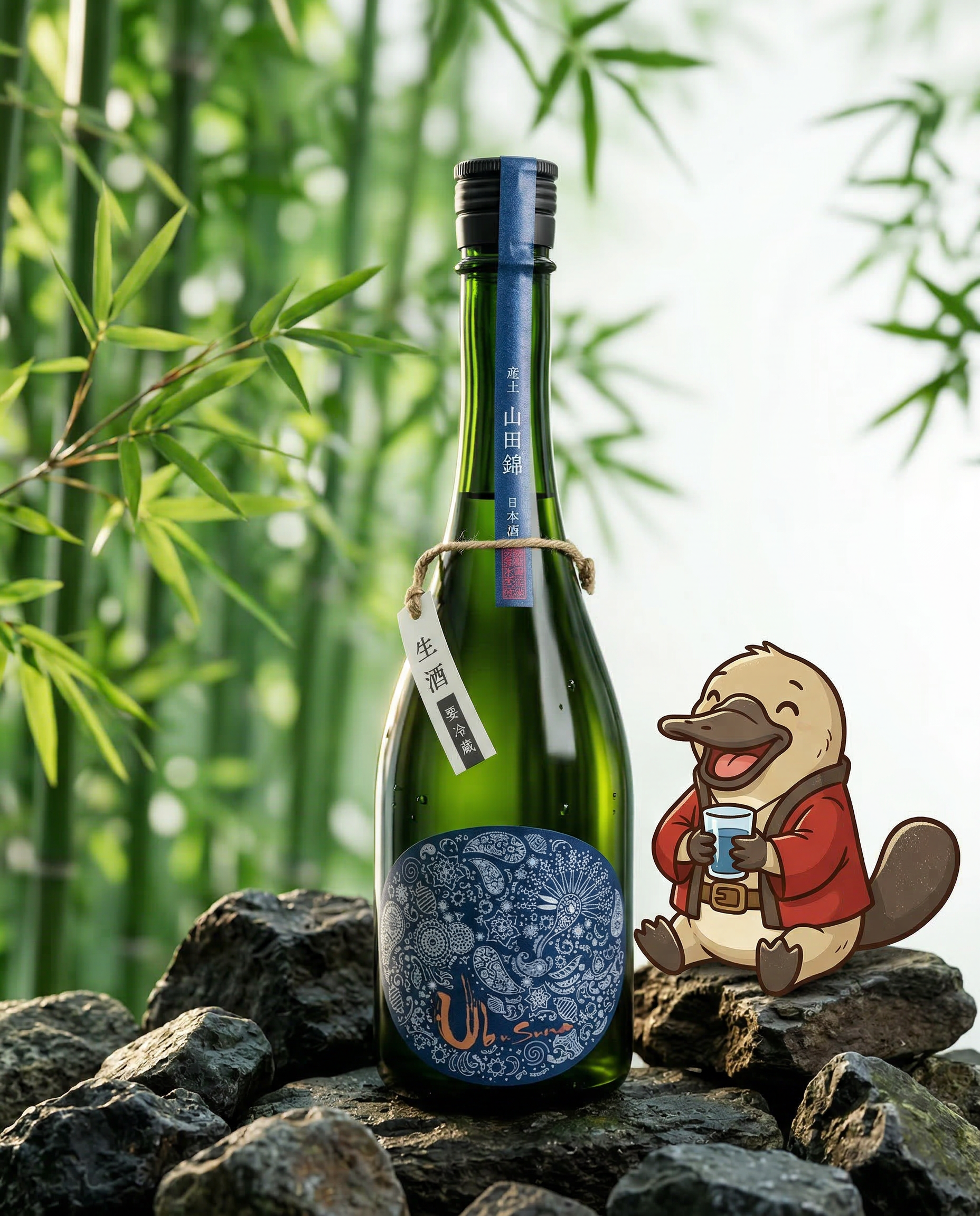 Label detail of Ubusuna Ninojo showing the artistic typography, premium boutique Japanese sake for delivery in Sydney and Melbourne.