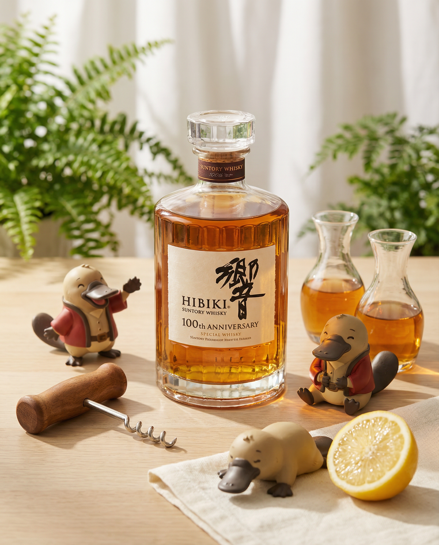 Hibiki whiskey bottle with decorative figures and a lemon on a wooden surface.