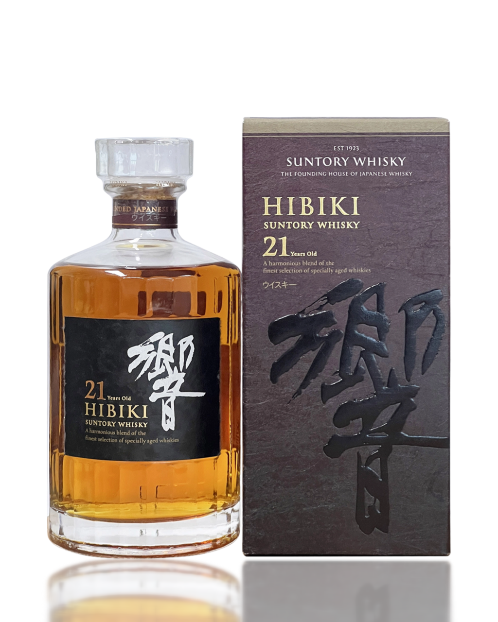 Hibiki Suntory Whisky 21-year-old bottle and box on a white background