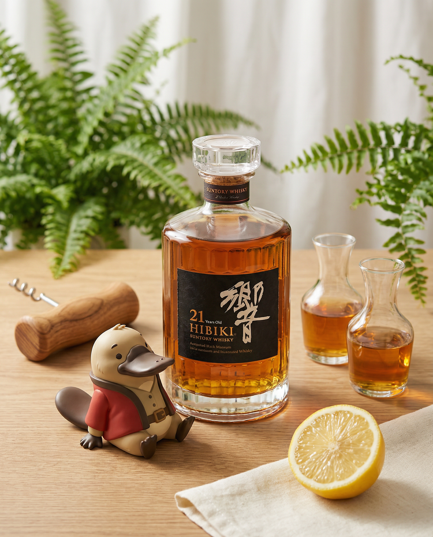Hibiki whiskey bottle on a wooden table with a lemon, decorative animal figure, and plants in the background.