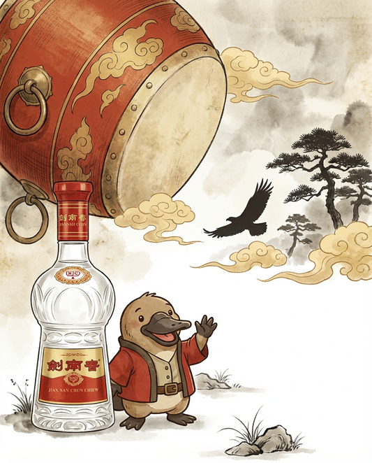 Animated character in a traditional setting with a large bottle and decorative barrel.