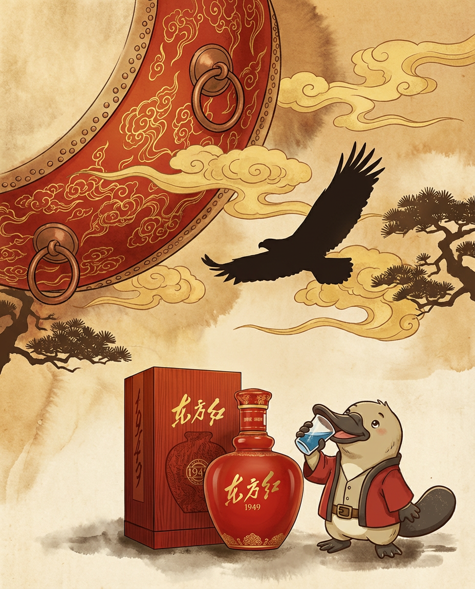 Red bottle and box with a cartoon animal character against a decorative background