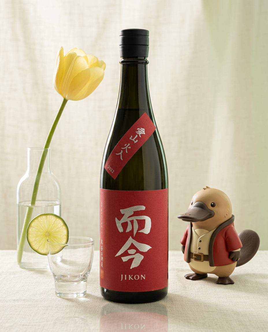 Close up of Jikon Aiyama label, premium sake rice "Aiyama" 50% polishing ratio, boutique Japanese liquor Australia.