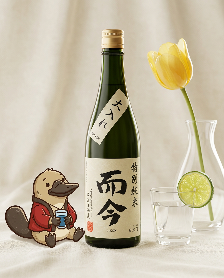 A close-up of the Jikon Tokubetsu Junmai label, showing the authentic Japanese calligraphy, premium sake delivery Australia.