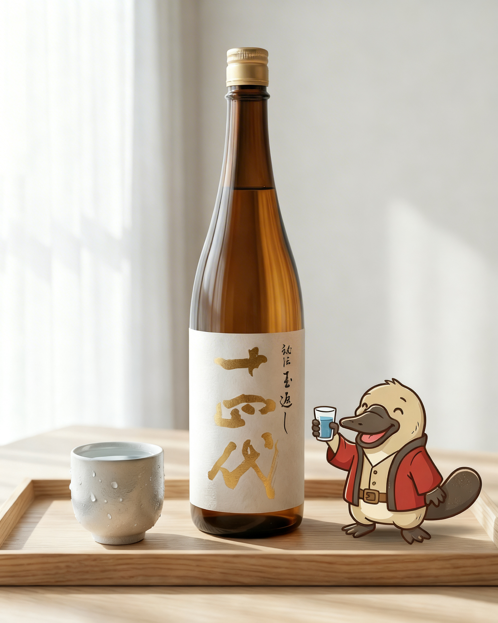 Bottle of Japanese sake with a cartoon beaver character on a wooden tray,Japanese Sake, Melbourne, Sydney, Brisbane, Austrlia