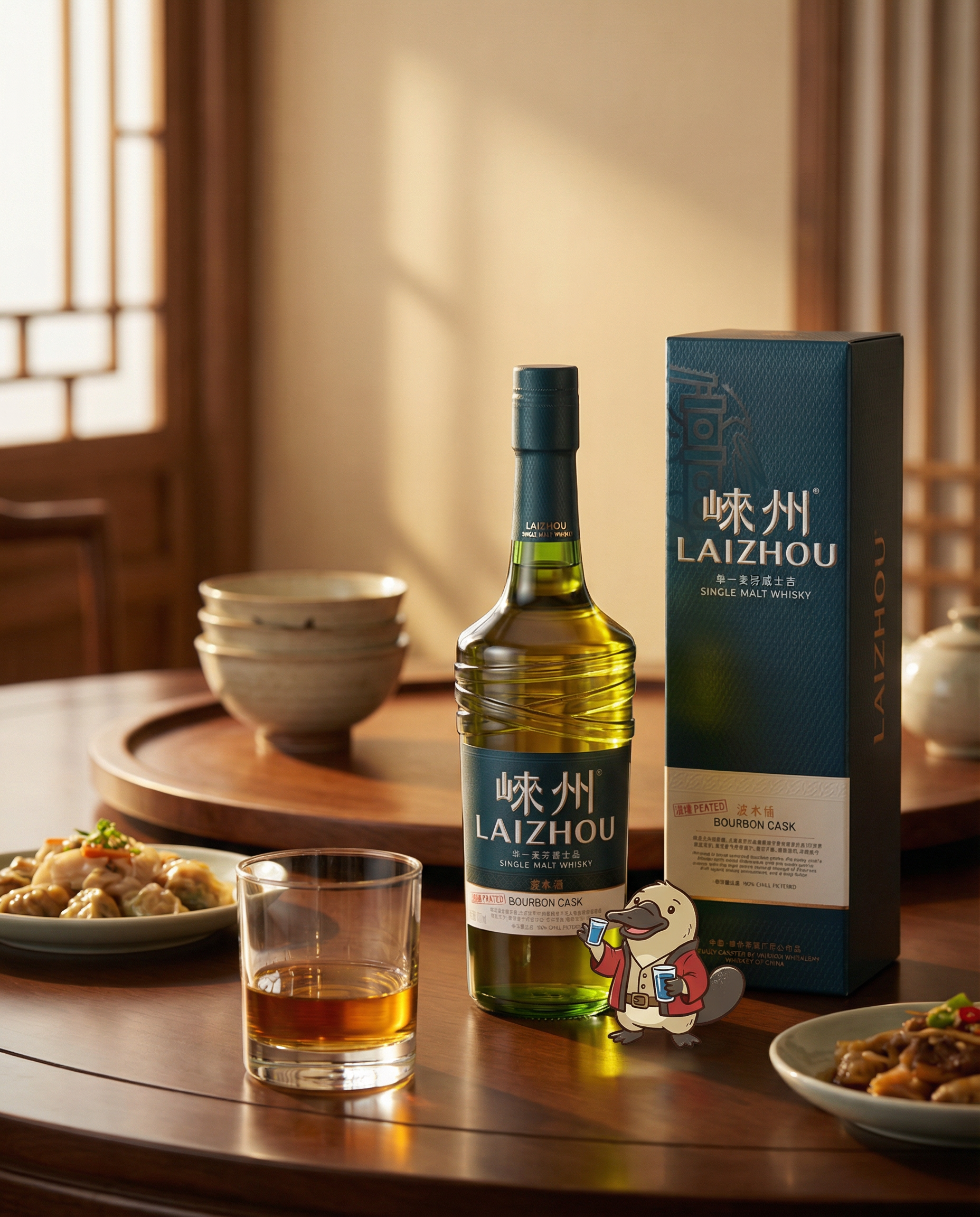 Bottle and box of Laizhou whiskey on a wooden table with a glass of whiskey and food.