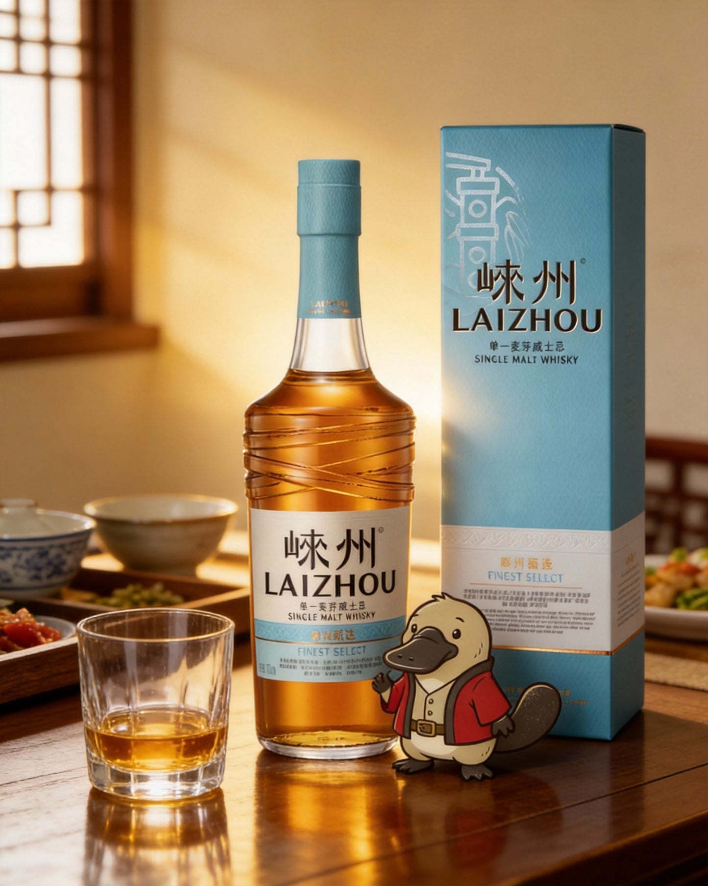 Laizhou whiskey bottle and packaging on a table with a glass of whiskey and a small figurine.