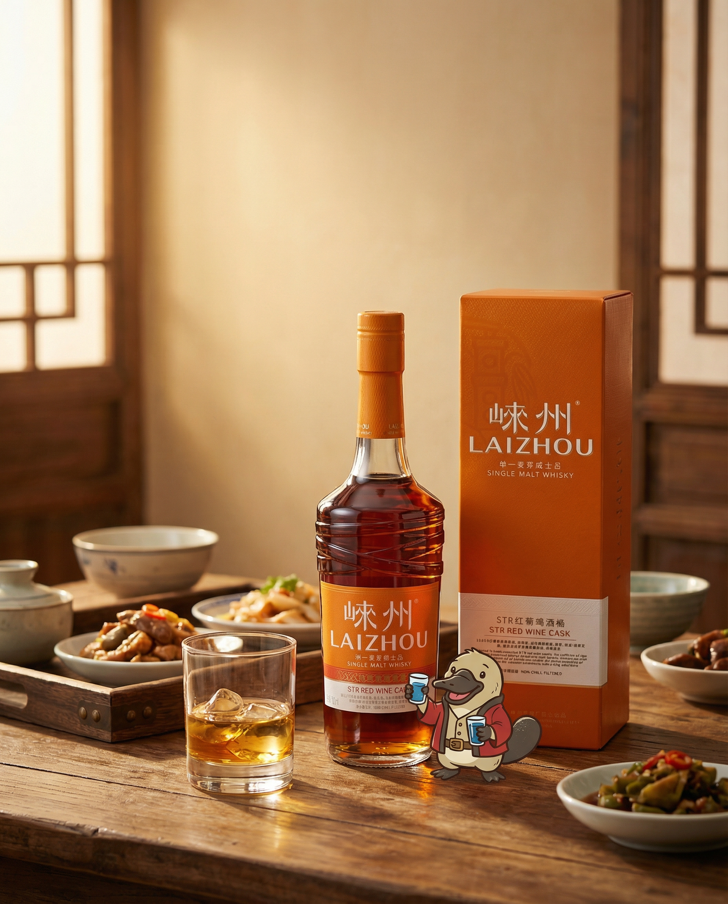 Bottle and box of Laizhou whiskey on a wooden table with a glass of whiskey.