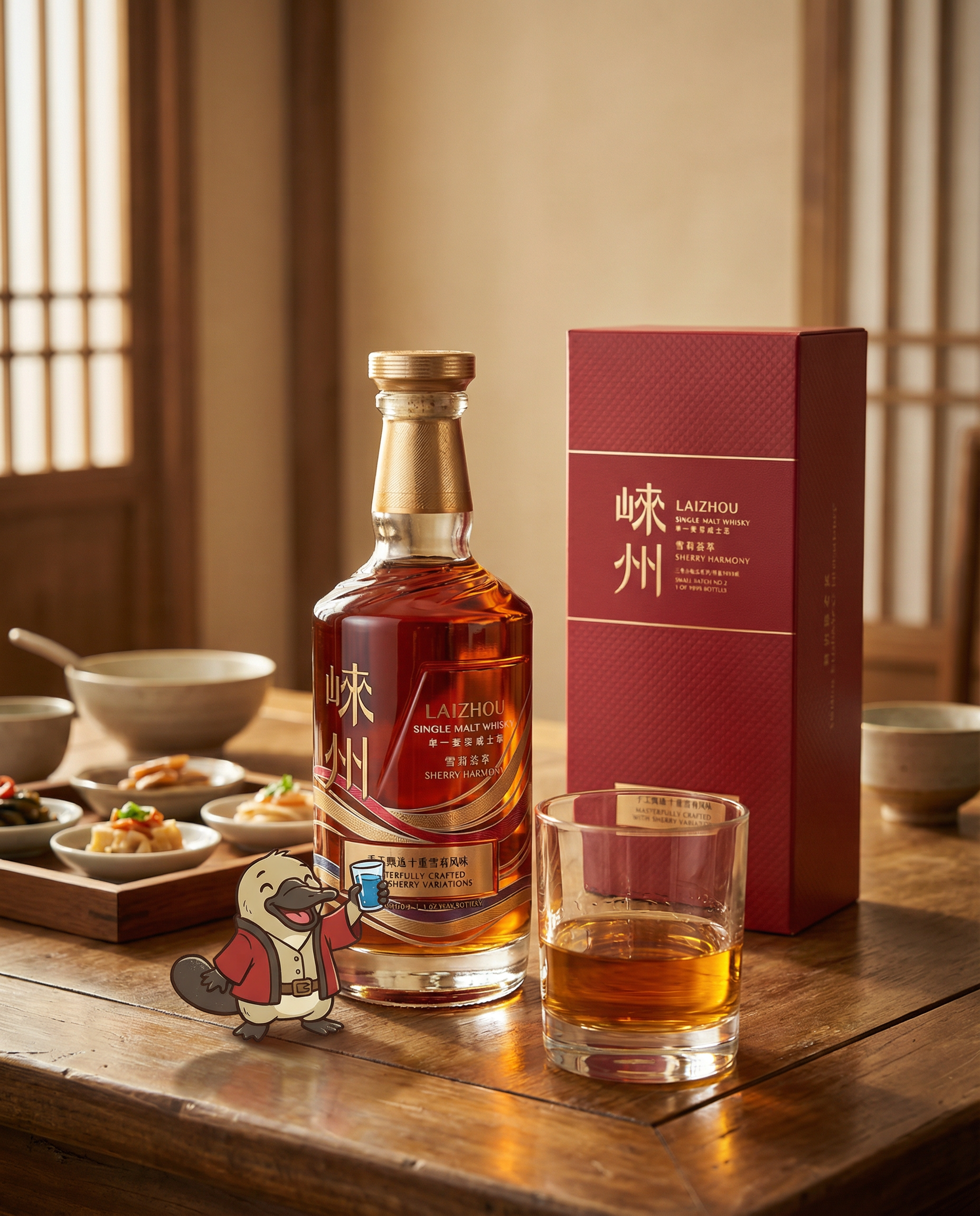 Bottle of Lai Zhou single malt whisky with a glass on a wooden table.