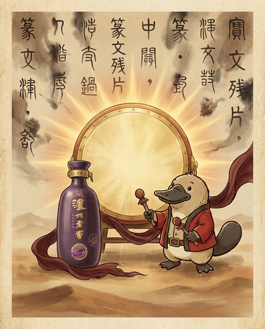 Illustration of a cartoon platypus holding a bottle with Chinese text and calligraphy in the background.
