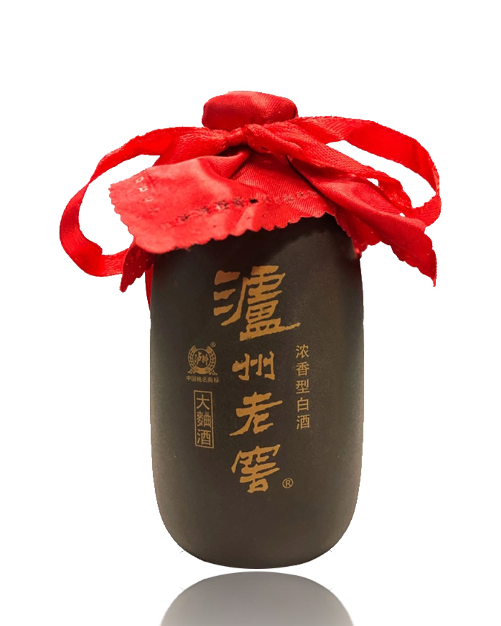 Bottle with red lid and gold text on a white background