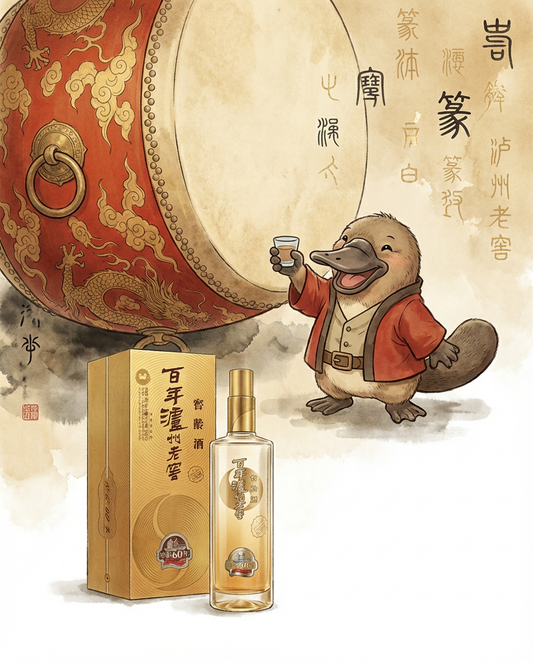 Illustration of a platypus holding a glass with a traditional Chinese drum and bottle packaging in the background.