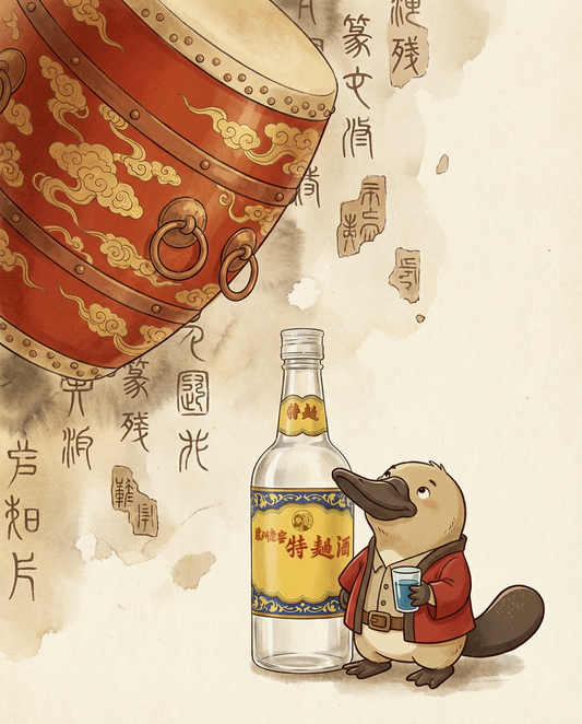 Illustration of a platypus holding a bottle with a traditional Chinese design, standing next to a large red and gold drum.