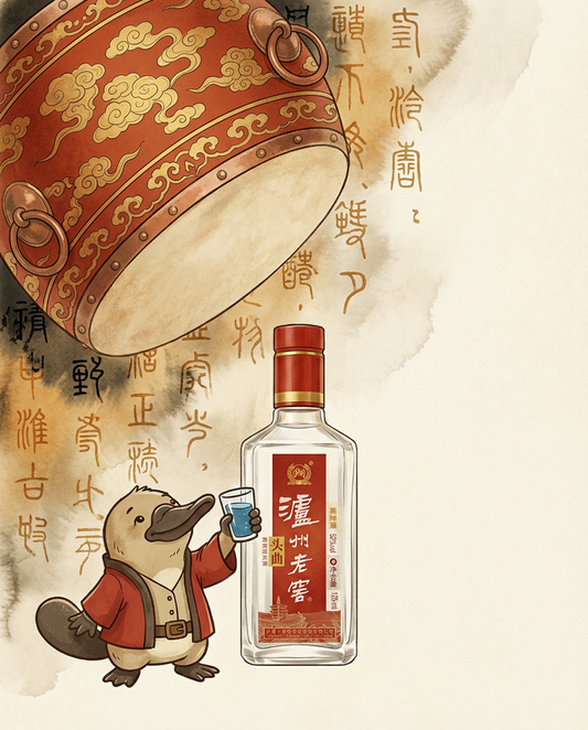 Bottle of traditional Chinese liquor with a cartoon animal character holding a glass, against an artistic background with calligraphy.