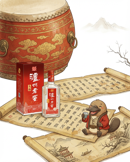 Traditional Chinese-themed setting with a red drum, scroll, and bottle of liquor with packaging.